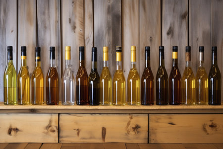 row of dessert wine bottles on an old wooden shelf, created with generative aiの素材