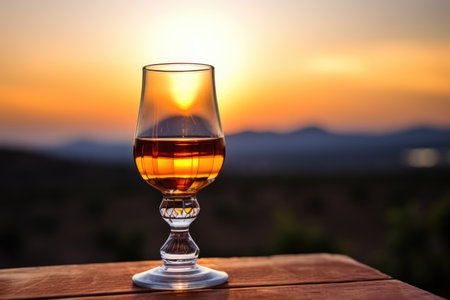 a crystal wine glass filled with dessert wine against a sunset backdrop, created with generative aiの素材