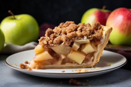 a slice of apple pie with a crumble topping, created with generative aiの素材
