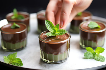 hand placing mint leaves on a chocolate mousse, created with generative aiの素材