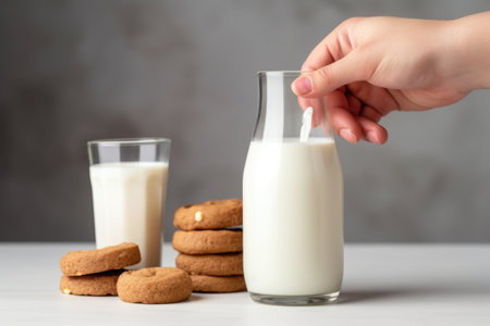 hand holding a donut over a glass milk bottle, created with generative aiの素材