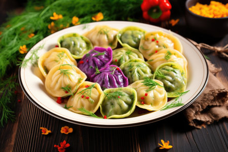 a plate of colorful polish pierogi dumplings garnished with herbs, created with generative aiの素材