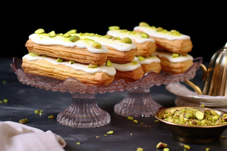 pistachio-cream filled eclairs on a rectangular glass plate, created with generative aiの素材