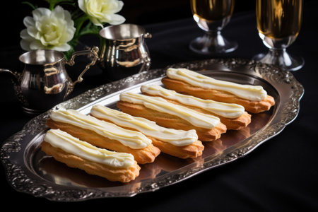 cream eclairs arranged on a silver platter, created with generative aiの素材