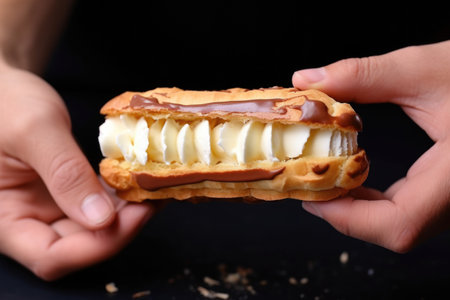 a hand an eclair in half to reveal its creamy inside, created with generative aiの素材