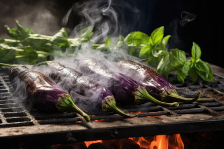 eggplants slowly roasting with smoke trails, created with generative aiの素材