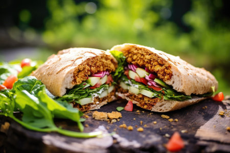 sandwich with falafel in natural outdoor surrounding, created with generative aiの素材