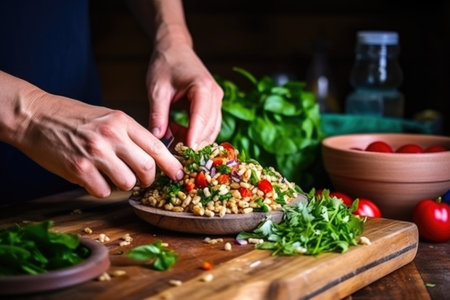 preparation of farro salad with hand slicing cherry tomatoes, created with generative aiの素材