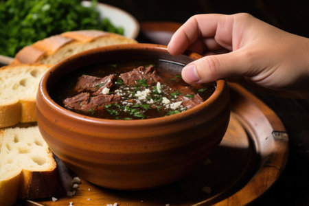 hand dipping a piece of crispy garlic bread into feijoada soup, created with generative aiの素材