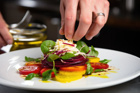 hand placing slice of pickled beetroot on a salad, created with generative aiの素材