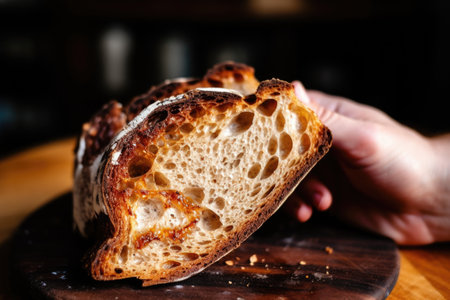 hand holding piece of toasted sourdough bread, created with generative aiの素材