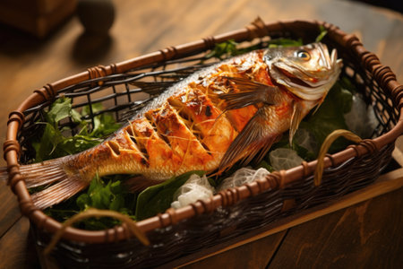 grilled fish in a wire basket on a wooden board, created with generative aiの素材