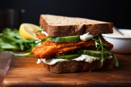 crispy fish sandwich on dark rye bread, created with generative aiの素材