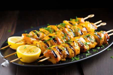 grilled fish skewer covered in a tangy orange glaze, created with generative aiの素材