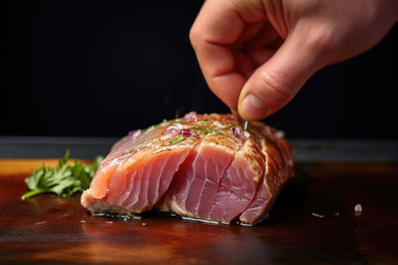 fish steak being flipped by a hand to check its flakiness, created with generative aiの素材