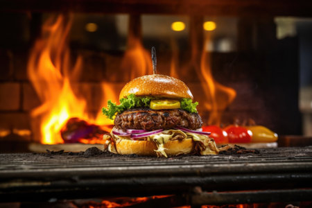 hand-crafted burger prepared on flaming grill, created with generative aiの素材