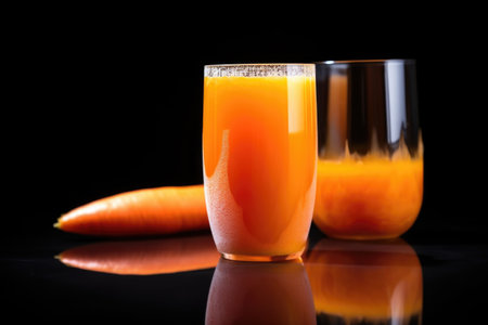 macro view of a carrot cut in half placed near a juice glass, created with generative aiの素材