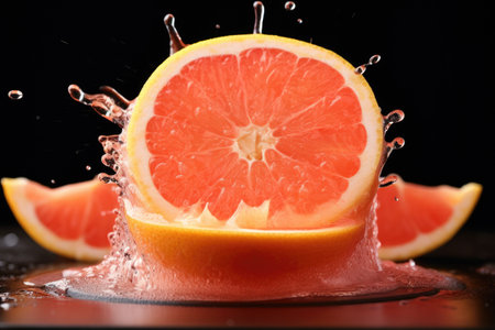 halved grapefruit on juicer with juice splashes, created with generative aiの素材