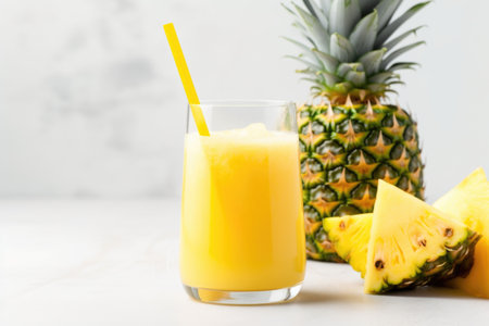 glass of fresh pineapple juice with a reusable straw, created with generative aiの素材