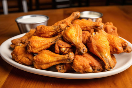 white platter full of fried chicken wings and drumsticks, created with generative aiの素材