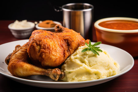 fried chicken served with mashed potatoes, created with generative aiの素材