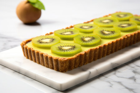 freshly made kiwi fruit tart on a marble slab, created with generative aiの素材