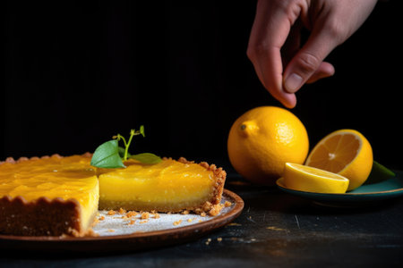 human hand serving a slice of a lemon tart, created with generative aiの素材