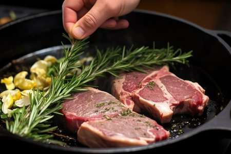 hand adding fresh rosemary and garlic to a lamb steak in a pan, created with generative aiの素材