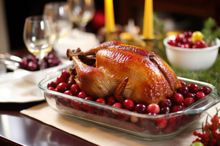 roast duck with glazed cherries in a glass dish, created with generative aiの素材