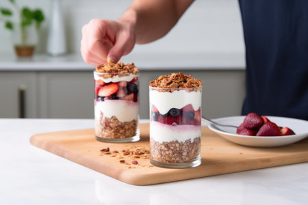 hand balancing a greek yogurt parfait on a kitchen counter while the other hand adds a finishing touch, created with generative aiの素材