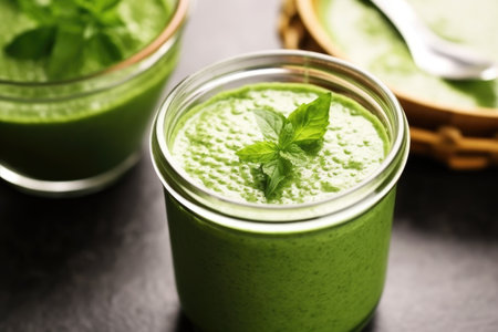 macro shot of a green smoothies surface with chia seeds, created with generative aiの素材