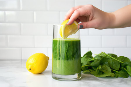 hand placing a lemon slice on the edge of a green smoothie glass, created with generative aiの素材
