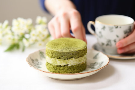hand placing a green tea cake beside a cup of tea, created with generative aiの素材