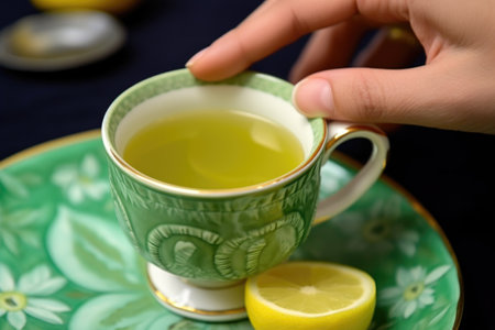 hand setting a lemon slice on the rim of a green tea cup, created with generative aiの素材