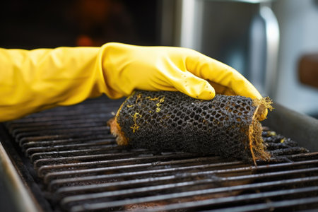 chefs hand with grill brush scraping charcoal residues off grill grates, created with generative aiの素材