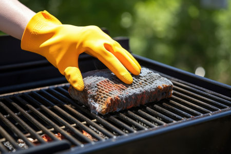 hand in high heat glove brushing soiled grill grates on hot summer day, created with generative aiの素材
