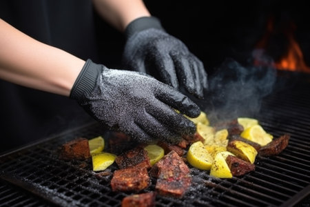 gloved hand sprinkling seasoning on hot charcoals for smoked flavor, created with generative aiの素材