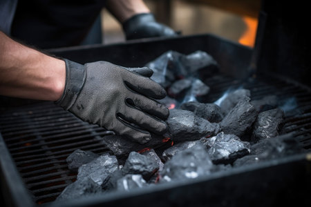 gloved hand pushing hot charcoals around grill pit, created with generative aiの素材