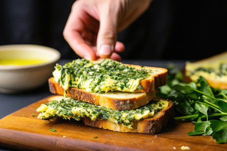 hand placing a dollop of herb butter onto a grilled bread slice, created with generative aiの素材