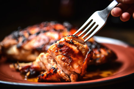 fork taking a piece of grilled chicken from a serving plate, created with generative aiの素材