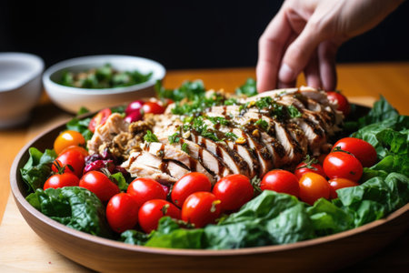 hand placing cherry tomatoes onto a grilled chicken salad, created with generative aiの素材