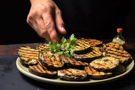hand presenting a dish of grilled eggplant slices to the viewer, created with generative aiの素材
