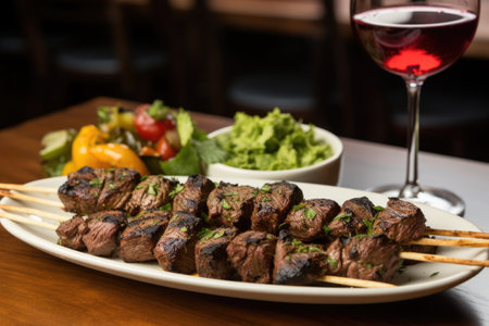 grilled lamb kebabs in a bistro setting, created with generative aiの素材