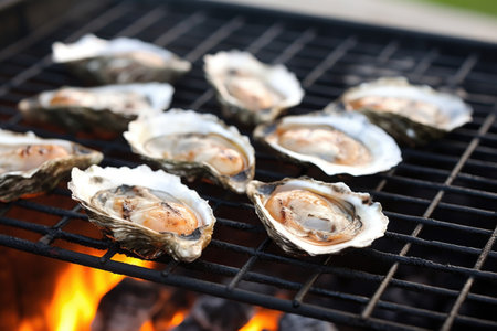 close up of open oysters on a mesh grill, created with generative aiの素材