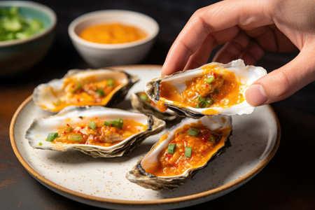 hand holding out a grilled oyster with garlic sauce on a small plate, created with generative aiの素材