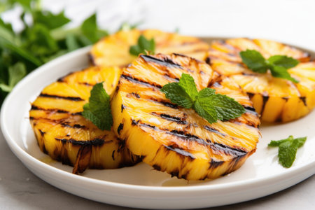 grilled pineapple garnished with mint leaves, created with generative aiの素材