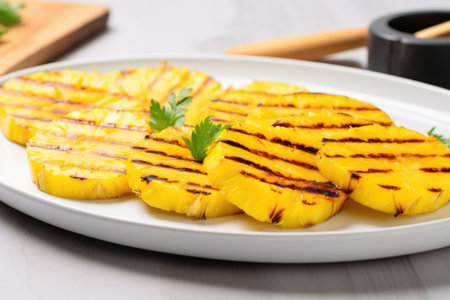 arranging grilled pineapple slices on a white plate, created with generative aiの素材