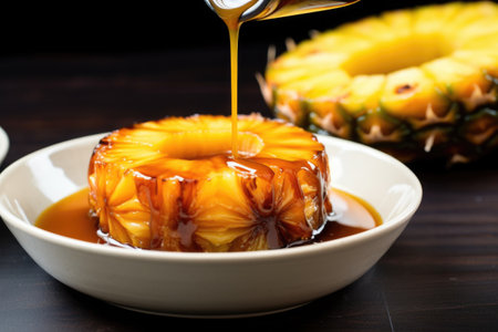 dipping grilled pineapple slice into a bowl of caramel sauce, created with generative aiの素材