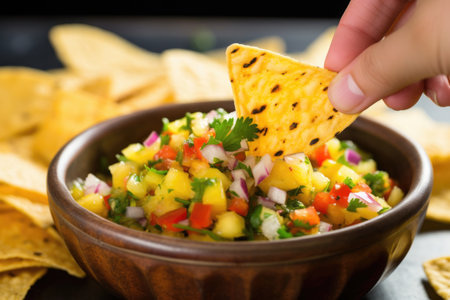 scooping up a grilled pineapple salsa using a crisp tortilla chip, created with generative aiの素材
