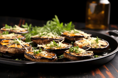 grilled portobellos on a modern black dish, created with generative aiの素材
